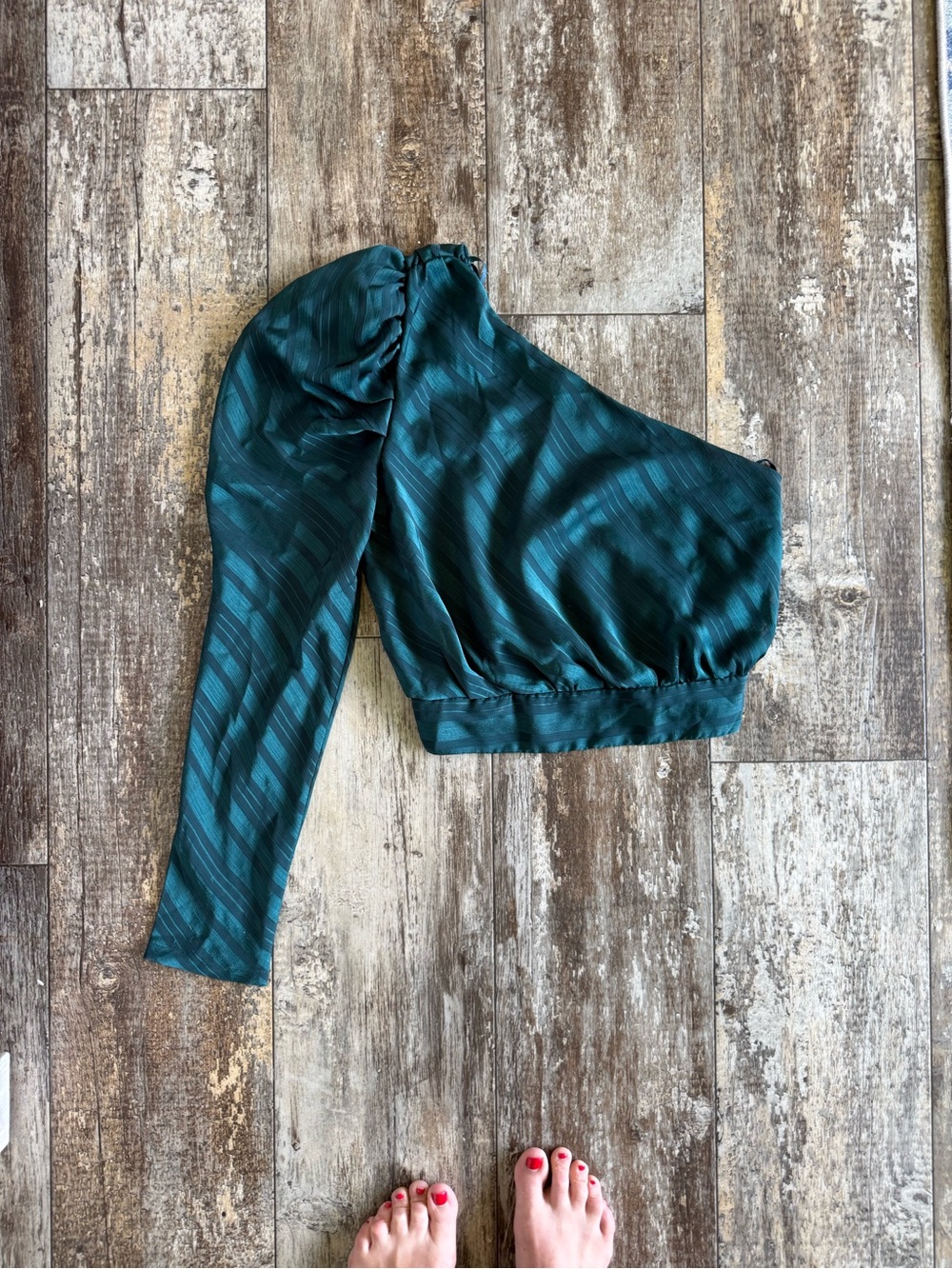 2 for $15 sale: DO+BE green asymmetrical one sleeve satin top - smocked waist - - Picture 2 of 5